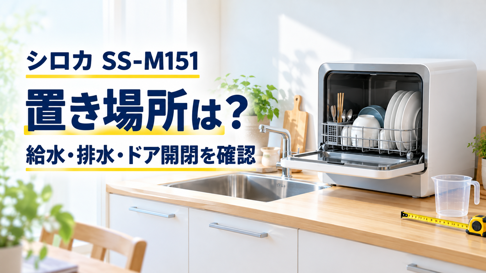 キッチンのシンク横に置いた卓上食洗機と、置き場所・給水・排水・ドア開閉を確認する見出し